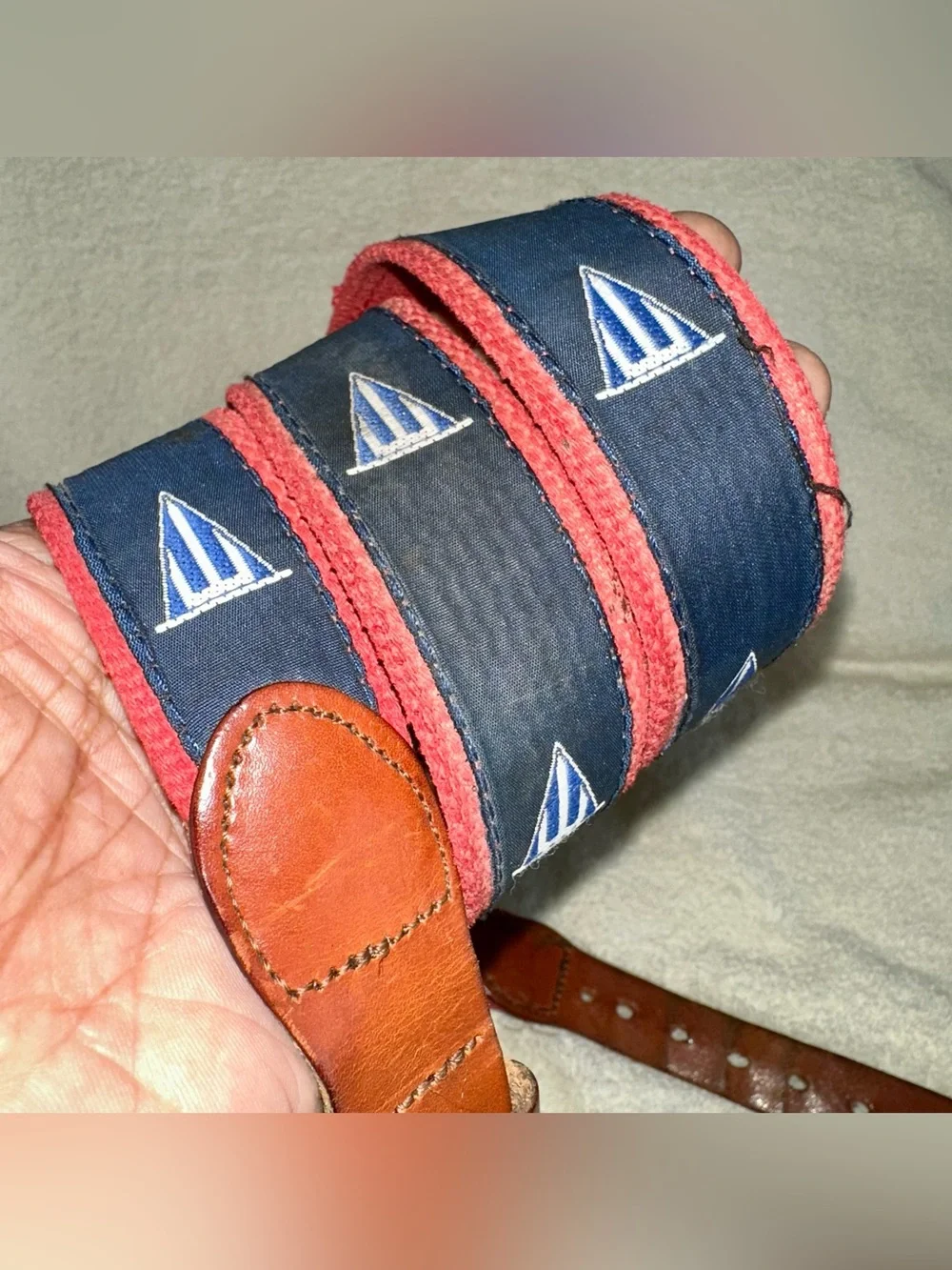 Vintage Leather Man Ltd Sailboat Ribbon Canvas Belt Brass Size 42